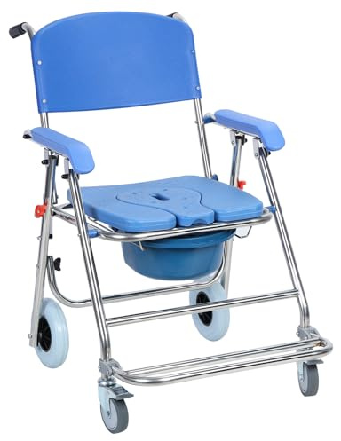 3-in-1-Toilettenstuhl, rollbarer mobiler Toilettenstuhl, Duschstuhl, höhenverstellbarer Nachttisch mit abnehmbarem Topf, Klapppedal für ältere Menschen mit Behinderungen, weicher Sitz