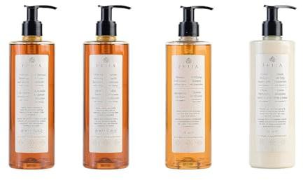 thehotelery.de PRIJA Set 4x380ml Flüssigseife, Haarshampoo/Duschgel Feuchtigkeitslotion Vitamin E & Sheabutter, Aufbau Shampoo, Spa, Hotelkosmetik Wellness, vitalisierend Ginseng