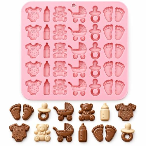 Baby Shower Silikon Schokoladenform, 1 Stück Bonbonform mit Baby Motiven | Fußabdrücke, Schnuller, Teddybär, Flasche und Babybody für Schokolade, Bonbons und Partygebäck