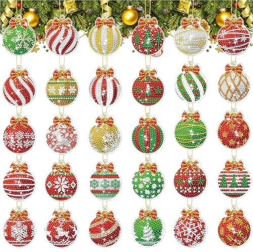 MUNORIAY Christmas Diamond Art Painting Ornaments,30 Pcs Christmas Diamond Painting Kits for Adult Kids 5D DIY Round Drill Double Sided Key Chain Hanging Pendant Crystal Art Craft Keychain Supplies