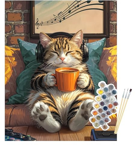 Malen nach Zahlen Katze für Erwachsene, DIY-Bastelset für Anfänger, 40x50cm | Paint by Numbers for Adults mit Leinwand, Acrylfarben & 3 Pinseln; lustiges Tiermotiv mit Gamer-Katze, Geschenk & Wanddeko