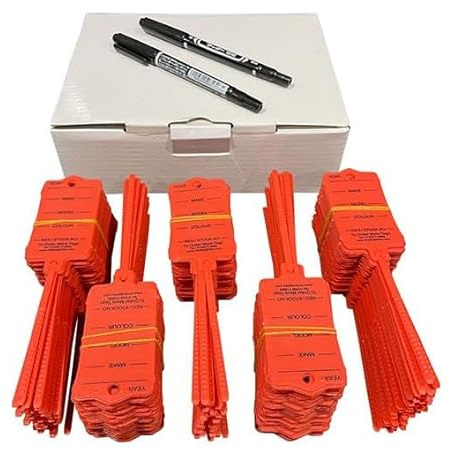 Gear4Garage Car Key Tags 250 Pack Red Plastic Self Tie with Tails Key Tags with Labels Garage Workshop Vehicle Identification Includes 2 Marker Pens