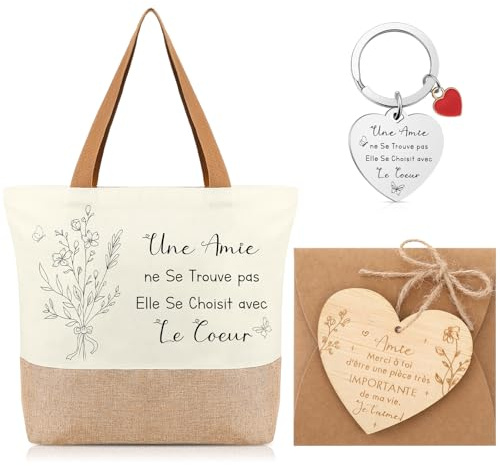 Xuniea Coffret Cadeau pour Meilleure Amie Sacs Porte Clef Carte Vœux | Sacs en Toile de Jute, Porte Clef, Carte en Bois, Enveloppe, Cadeaux Anniversaire, Noël, Saint Valentin