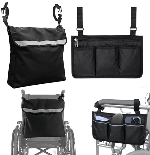 LEIMEND 2 Stück Rollstuhl Tasche Schwarz Rollstuhltasche Hinten & Armlehne | Rollstuhltasche Hinten & Rollstuhltasche Armlehne Tasche für Rollator Rollstuhl Zubehör für die meisten Rollstühle
