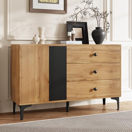 Jaxenor Sideboard Wohnzimmer mit 3 Schubladen und 2 Tür, Buffetschrank mit 5 Beinen, Modern Wohnzimmerschrank für Schlafzimmer & Flur, 120×35×76cm, Natur und Schwarz
