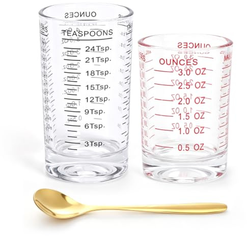 2 Cocktail Messbecher, Messbecher Cocktail Glas 90ml+120ml mit Skala | Borosilikatglas, ml/oz/tsp-Skala, 90ml+120ml Set, inkl. Löffel, für Cocktails, Espresso, Backen, Home Bar & Küche
