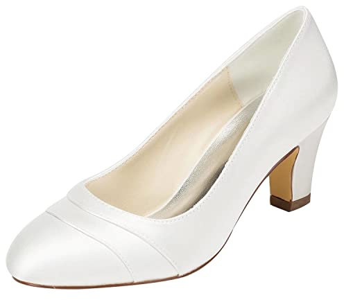 Emily Bridal Wedding Shoes Women's Satin Chunky Heel Closed Toe (EU39/UK6, Ivory)