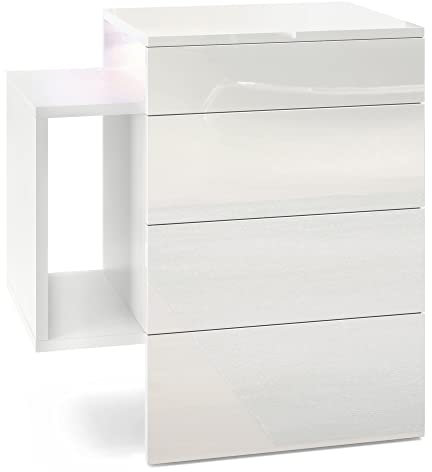 Vladon Nachttisch Queens, Made in Germany, Nachttischschrank mit 2 Schubladen und 1 seitlichem Fach zur Wandmontage, Weiß matt/Weiß Hochglanz, inkl. LED Unterbaustrahler weiß (60 x 63 x 36 cm)