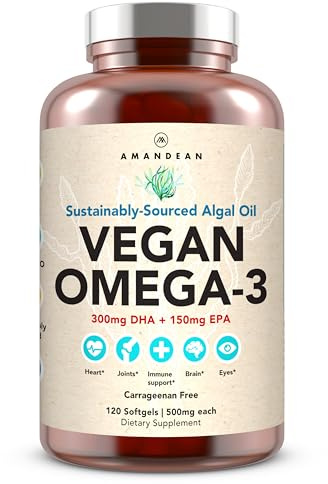 AMANDEAN Vegan Omega-3 Supplement, Algal Oil Algae DHA EPA Softgels, 120ct