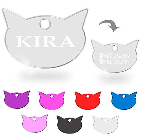 Ibera Gifts - Chapa Identificativa en Forma de Cara de Gato, Nombre para Gatos de Todos los Tamaños, Aluminio Brillante, Collar Personalizado (Plateado)