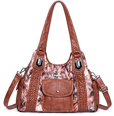 Angelkiss Geldbörsen und Handtaschen für Damen, gewaschenes veganes Leder, Crossbody, Hobo, Umhängetasche, Schultertasche, Braun/L.braun, Large