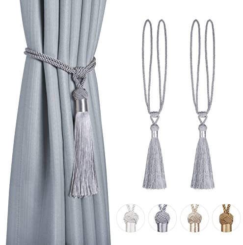 Dalababa 2 Stück Vorhanghalter Raffhalter Gardinenhalter Polyester Baumwoll Seil mit Quaste Vorhang Tiebacks Dekorative Fenster Einfarbig Gardinen Zubehör,Grau