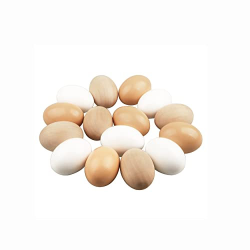 15 Stück Groß Hölzerne Eier Holzeier Ostern Falsche Eier Ostereier aus Holz Ostereier Eier Holzeier zum Handbemalen DIY Basteln Schnitzen Küche Spielen Essen Kinder Hühner, Unlackiert Weiß Braun