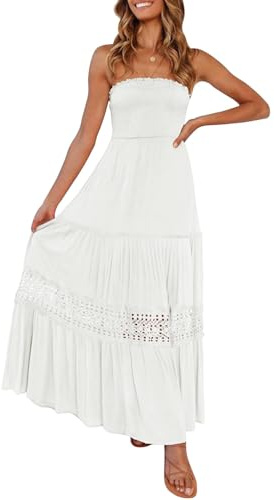 ZESICA Women's 2025 Summer Bohemian Strapless Off Shoulder Lace Trim Backless Flowy A Line Beach Long Maxi Dress,White,Medium