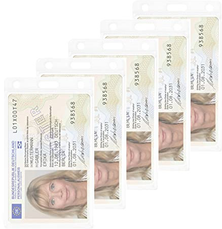 5x Ausweishülle aus Hart-PVC im Hochformat - Schutzhülle für Ausweise & Karten im Scheckkartenformat (54 x 85 mm) - Platz für zwei Karten - mit Langloch für Band
