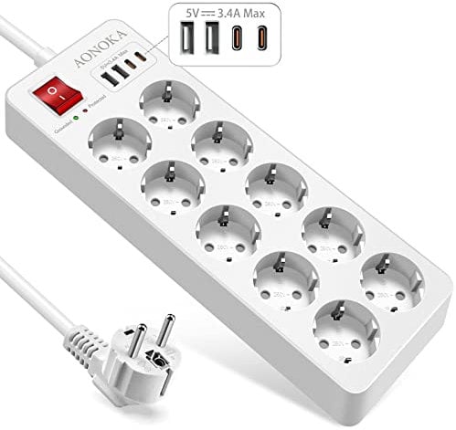 10-Fach Mehrfachsteckdose Überspannungsschutz Bis 1700 Joule, Steckdosenleiste mit USB C, Steckerleiste mit Schalter 4 USB und 10 Steckdosen Wandmontage Verteilersteckdose Schuko Stecker 1.5m,Weiß