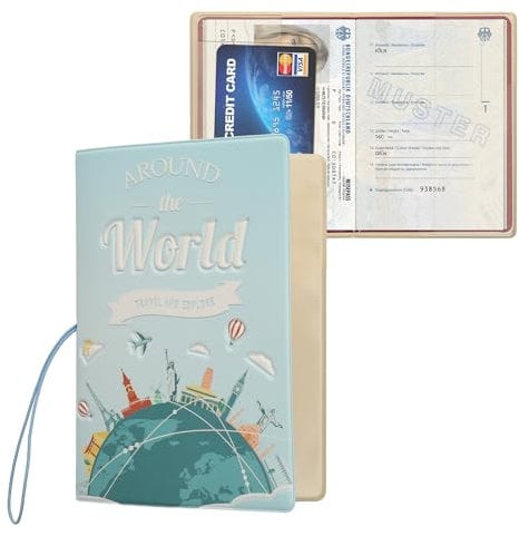 kwmobile Custodia per Passaporto - Porta Passaporto con Chiusura di Sicurezza ad Elastico - Protezione per Documenti - blu chiaro/bianco/verde