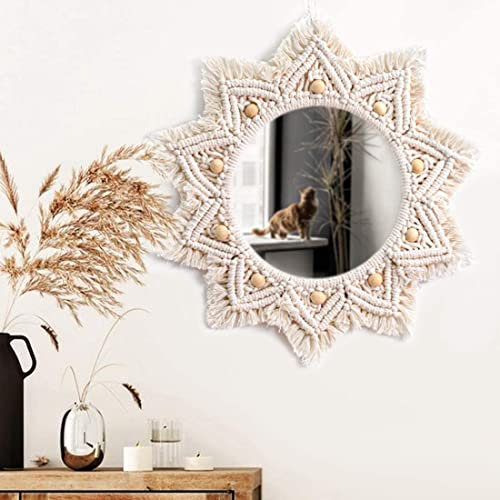 Tiamu Espejo de Pared Colgante Boho Redondo de Macramé - Grande, Hecho a Mano para Salón, Dormitorio, Baño - Diámetro: 25 cm