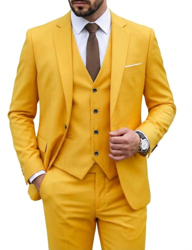 Hihawk Herren 3-teiliger Anzug mit Stretch-Stoff, solide schmale Passform, EIN-Knopf-Anzug, Blazer-Set, Jacke, Weste, Hose mit Krawatte, gelb, XL