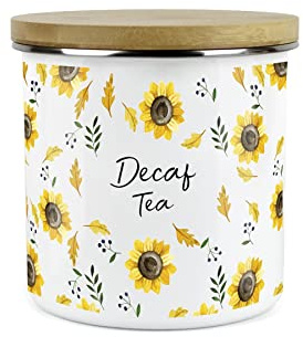 Purely Home Yellow Sunflowers Decaf Tea Storage Canister - White Metal Enamel Kitchen Food Storage Container