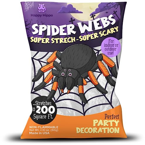Happy Hippo Halloween Spider Web Decoration, 200 Sqare Feet & Plastic Spiders, Halloween Party Supplies, Spider Webs (Small, 200 Sq Feet) (8 Fake Spiders Included)