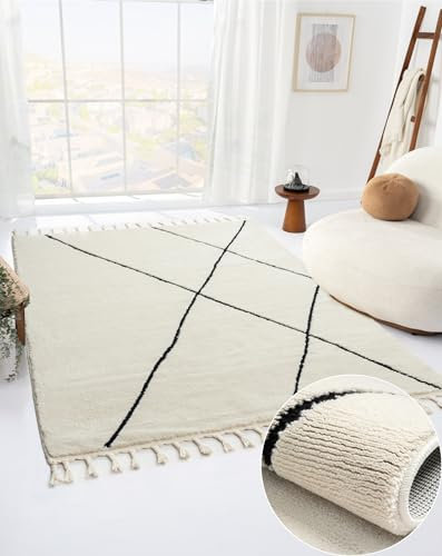 MY-RUG Teppich Thea Wohnzimmer Hochflor - 140x200cm - Einfarbig - Pastell Creme - Boho - Modern Raute Ornamente - Skandinavisch Flauschig Weich - Schlafzimmer