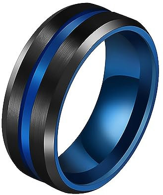 JewelryWe Ring Herren Edelstahl Gebürstet: 8mm Breit Edelstahl Herren-Ring Blau Rille schwarz gebürstete Oberfläche Männer Eheringe Band mit Gravur für Versprechen Verlobung Hochzeit Größe 70