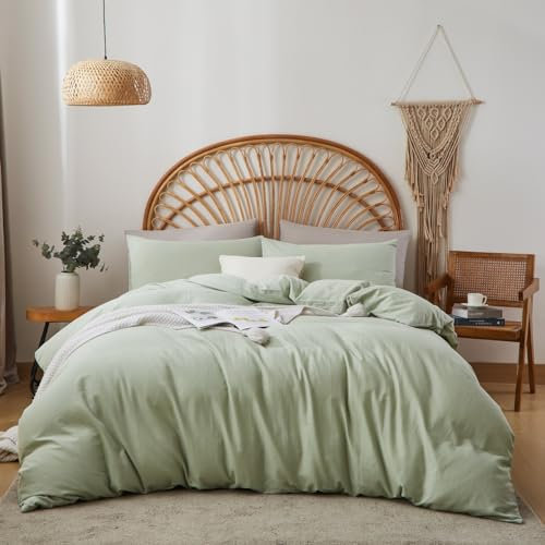 Sedefen Doppelte Musselin Bettwäsche 220x240 cm Baumwolle Leinen Grün Bettwäsche Set 3tlg,1 Bettbezug mit Reißverschluss und 2 Kissenbezug 80x80cm,85% Baumwolle und 15% Leinen Bettwäsche
