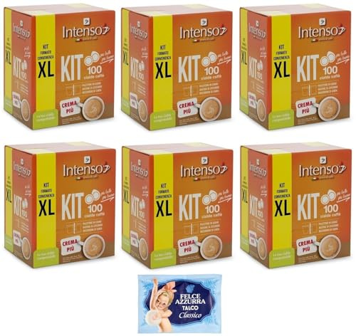 6er-Pack Intenso Caffè in Cialde KIT XL Crema Più,100 Kaffeepads + Holzlöffel + Pappbecher + Zuckerbeutel + 1er-Pack Kostenlos Felce Azzurra Talkumpuder, 100g-Beutel
