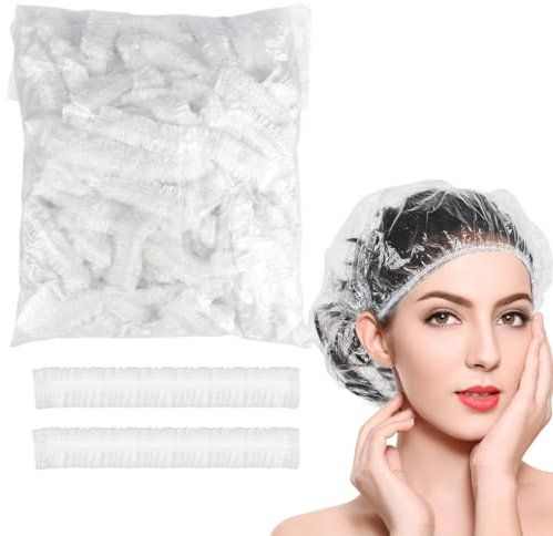 100 Piezas Gorros de ducha Desechable,Gorro de Baño Elástico,Impermeables Gorros de Ducha de Plastico Transparente para spa, baño, tratamiento del cabello, hogar, hotel, viajes portátiles
