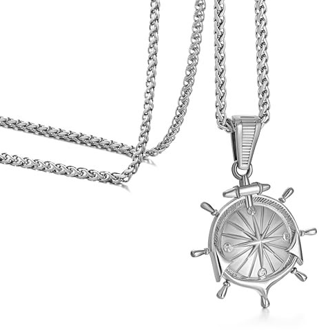 murtoo Kette Herren, Kompass Silber Halskette für Männer, Edelstahl Weizenkette für Damen, Halskette Kompass Geschenke für Herren/Frauen 60cm