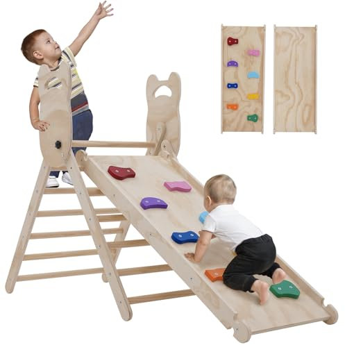 Klettergerüst Indoor klettersteine 3-in-1 Montessori kletterdreieck mit Rutsche Faltbares Kinder Kletterbogen aus Holz Spielzeug pikler zum Rutschen & Klettern für Kinder ab 1 Jahr