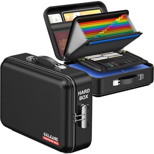 COLCASE Hard Case Fireproof Box with Lock - Hard-Shell Design, Water Resistant Safe Box for Important Documents, Certificates, Laptop, Passports - Black