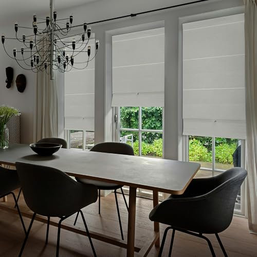 GoDear Design 99.99% Blackout Magnetic Roman Blinds, No Drill Cordless Woven Fabric for Windows, French Doors, Bedroom, Living Room, Kitchen, Thermal Insulation, 88.9 W x 165 L cm, Vanilla