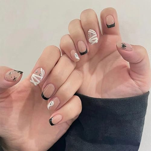 NICENEEDED 24Pcs Halloween Press on Nails, Square Medium False Nails with Spider, Ghost and Mummy Design, Reusable Full Cover Stick on Nails for Women Halloween Nails