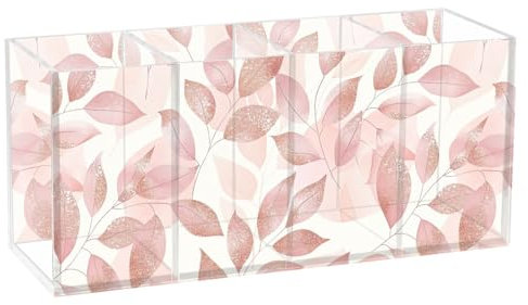 CHIFIGNO Rose Gold Leaves Acrylic Pen Holder 4 Compartments Pen Pencil Holder for Desk Hair Brush Organizer Decorative Desk Accessories for Home, School, Office