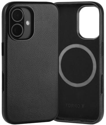 TORRO Hülle Leder Kompatibel mit iPhone 16 – Echt Leder Hülle MagSafe-kompatible Schlanke Bumper Hülle - Schwarz