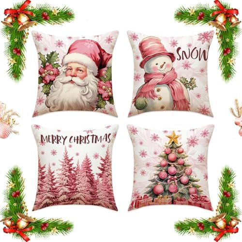 4 Piezas Cojines Navidad, Fundas Navideñas para Cojines 45x45, Navidad Fundas Cojines, Decoracion Navidad Hogar, Cojin Decorativa Hogar Almohadas Fundas para Sala de Estar Sofá Cama Coche, Rosa