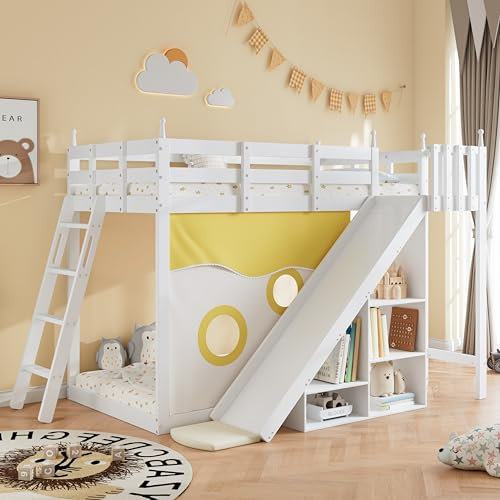 Kinderbett Etagenbett 90x200 cm, Hochbett Hausbett mit Rutsche&Stauraum Staufach&Bettvorhang, Stockbett Holzbett Bettgestell Jugendbett Familienbett mit Treppe&Rausfallschutz&Lattenrost, Kiefer, Weiß