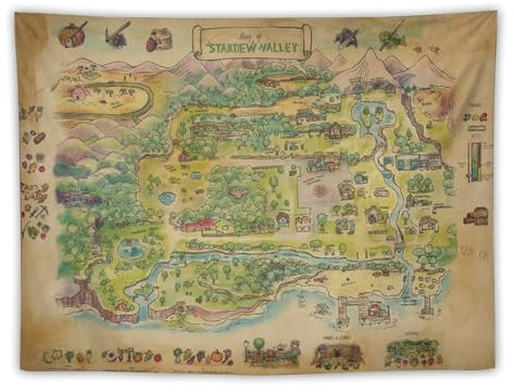 Stardew Valley Spielkarte, Videospiel-Poster, lustiger Wandteppich, Wandkunstdruck, Geschenk, Bild, Gemälde, Kunstwerk, Schlafzimmer, Heimdekoration, 76,2 x 101,6 cm