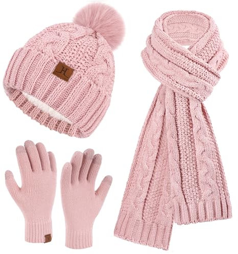 ZASFOU Femme Hiver Bonnet Chapeau Foulard Écran Tactile Gants Ensemble Chenille Pompon Tricot Polaire Doublé Casquette Écharpe Gant Cadeaux pour Femmes