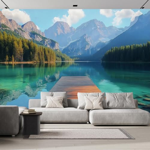 Fototapete Natur See 3D Effekt 450×315cm,Wandtapete Wald Schneebedeckte Berge Bildtapete Schlafzimmer Wohnzimmer Wand Dekoration