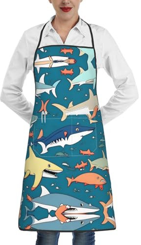 Vuoongt Schürze mit Hai-Motiv, zum Backen, Gartenarbeit, Nähen, Grillen, niedliches Geschenk, Küche, Koch mit Taschen, Weiss/opulenter Garten, Einheitsgröße
