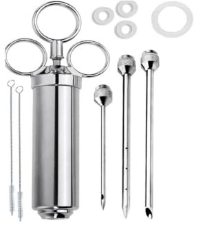 Kellegour Siringa per Carne in Acciaio Inossidabile,Siringa Cucina in Acciaio Inox 60 ml,Siringa per Marinata BBQ con 3 Aghi per Siringhe e 2 Spazzole per Manzo,Pollo,Marmellata da Riempire,Dolci