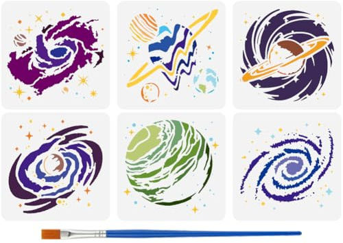 FINGERINSPIRE 6 Stück 6 Stile Zeichen Und Malvorlage Mit Pinsel 15x15cm Weltraum Malvorlage Himmlische Malschablonen Wiederverwendbare DIY Kunsthandwerksschablone Für Holzböden Und Wände