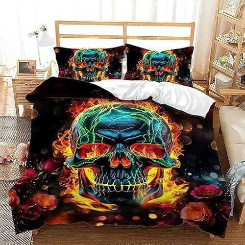 ZZTBQ Totenkopf Bettwäsche 200x200 3teilig Totenkopf Muster 1 Bettbezug 200x200 cm + 2 Kissenbezüge 80X80 cm, Gothic Knochen Skelett Bettwäsche-Sets Polyester Mikrofaser mit Reißverschluss