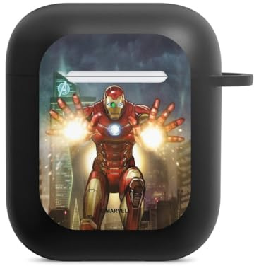 Hülle mit Karabiner kompatibel mit Apple AirPods (2. Generation) Case schwarz Schutzhülle mit Schlüsselanhänger Marvel The Avengers Iron Man