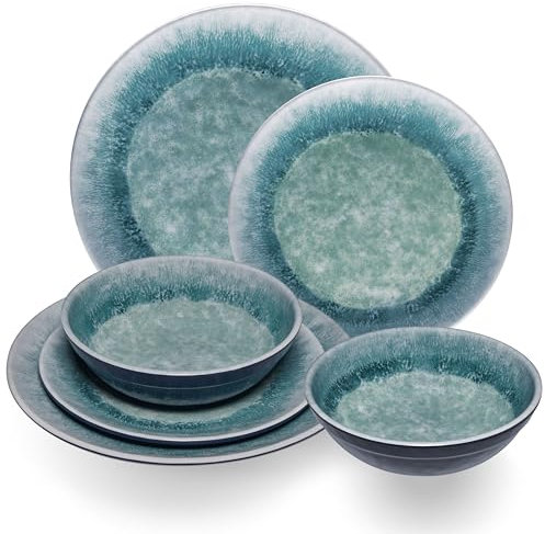 Melamin Geschirr Set Adria Blue für 2 Personen - 6 Teile Blau - Steingutoptik Spülmaschinengeeignet Essgeschirr Campingzubehör Campinggeschirr Wohnwagen Camping Festival Picknick Gartenparty