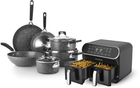Set batteria induzione 9 pezzi New Petra Dark e friggitrice ad aria 2 cestelli