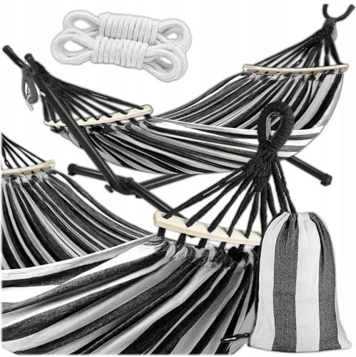 KRUMAD Hängematte mit Gestell 260x150 cm, Belastbarkeit 250kg, 2 Personen, Wetterfest, Gartenmöbel, Balkonmöbel, Schaukelstuhl, Outdoor, Terrassenmöbel, mit Aufbewahrungstasche (Schwarz-Weiß)